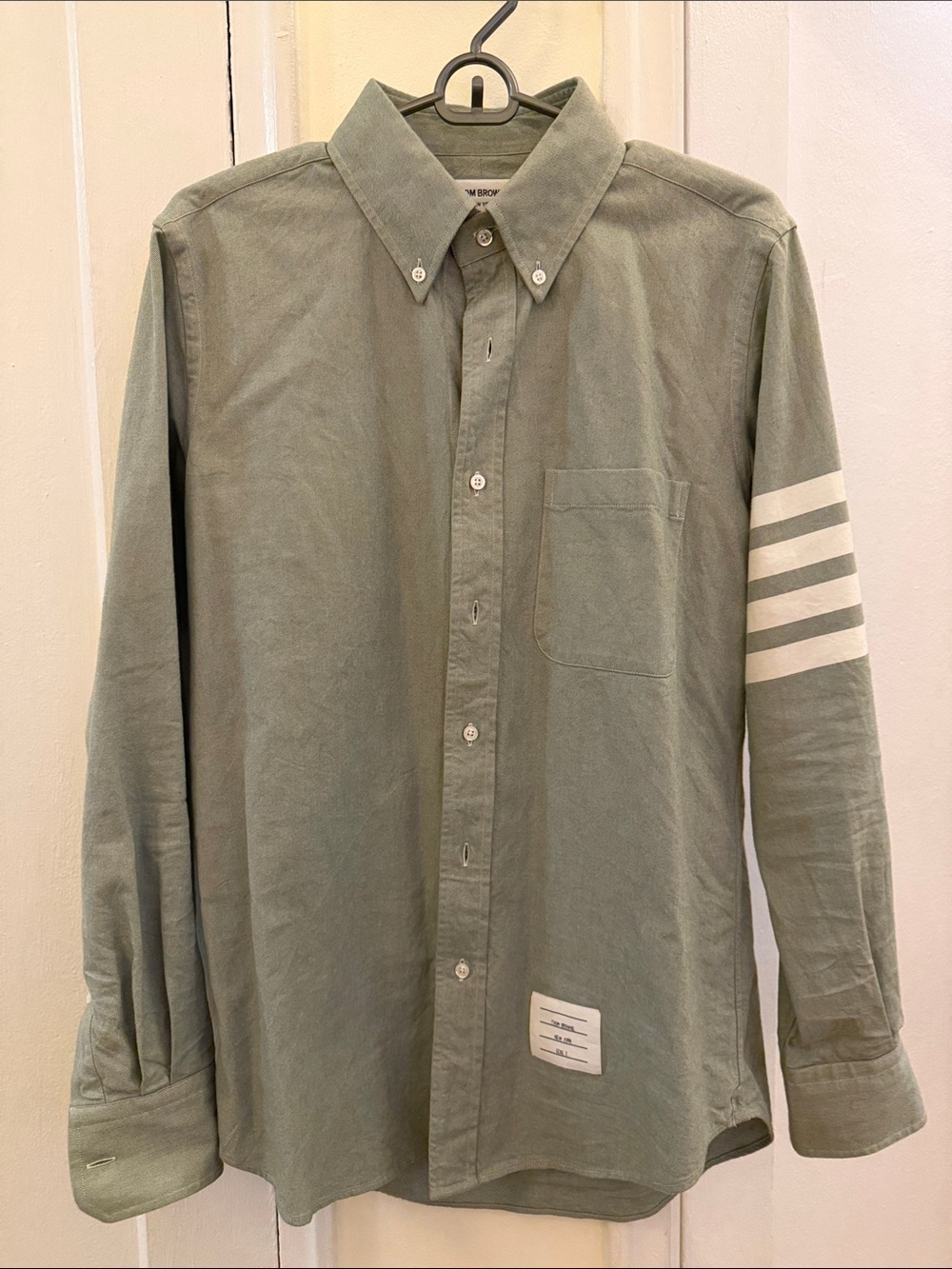 Thom Browne Olive Green Button-Down Shirt with White Sleeve Stripes
